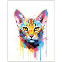 Artery8 Wall Art Print Savannah Cat Lover Gift Pet Portrait Orange Blue Pink Artwork Painting Poster | Size: W12" x H16"
