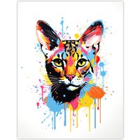 Artery8 Wall Art Print Serval Cat Lover Gift Pet Portrait Orange Blue Pink Artwork Painting Poster | Size: W12" x H16"