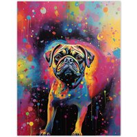 Artery8 Wall Art Print Pug Dog Lover Gift Pet Portrait Colourful Neon Artwork Painting Poster | Size: W12" x H16"