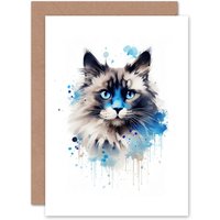 Artery8 Birman Cat Lovers Gift Watercolour Pet Portrait Painting Artwork Greeting Card