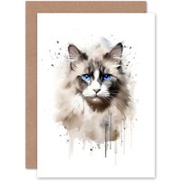 Artery8 Grey Point Ragdoll Cat Blue Eyes Lovers Gift Watercolour Pet Portrait Painting Artwork Greeting Card