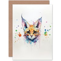 Artery8 Serval Cat Lovers Gift Watercolour Pet Portrait Painting Artwork Greeting Card
