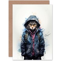 Artery8 Street Cat Lovers Gift Watercolour Pet Portrait Painting Artwork Greeting Card