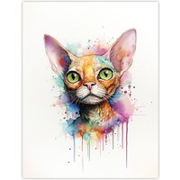 Artery8 Wall Art Print Devon Rex Cat Lovers Gift Watercolour Pet Portrait Painting Artwork Poster | Size: W18" x H24"