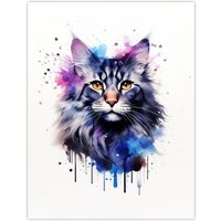 Artery8 Wall Art Print Maine Coon Cat Lovers Gift Watercolour Pet Portrait Painting Artwork Poster | Size: W18" x H24"