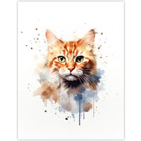 Artery8 Wall Art Print Orange Tabby Cat Lovers Gift Watercolour Pet Portrait Painting Artwork Poster | Size: W18" x H24"