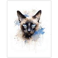Artery8 Wall Art Print Siamese Cat Lovers Gift Watercolour Pet Portrait Painting Artwork Poster | Size: W18" x H24"