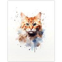 Artery8 Wall Art Print Ginger Orange Cat Lovers Gift Watercolour Pet Portrait Painting Artwork Poster | Size: W24" x H32"