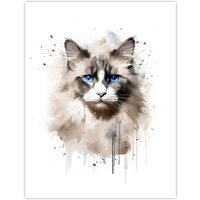 Artery8 Wall Art Print Grey Point Ragdoll Cat Blue Eyes Lovers Gift Watercolour Pet Portrait Painting Artwork Poster | Size: W24" x H32"