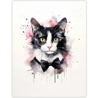 Artery8 Wall Art Print Tuxedo Cat Lovers Gift Watercolour Pet Portrait Painting Artwork Poster | Size: W24" x H32"