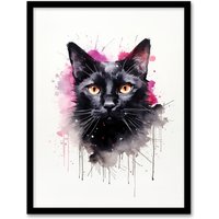 Artery8 Wall Art Print Black Cat Lovers Gift Watercolour Pet Portrait Painting Artwork Art Framed | Size: A4