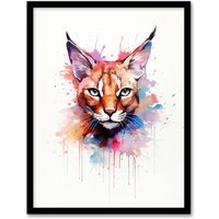 Artery8 Wall Art Print Caracal Cat Lovers Gift Watercolour Pet Portrait Painting Artwork Art Framed | Size: A4