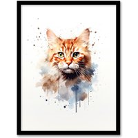 Artery8 Wall Art Print Ginger Orange Cat Lovers Gift Watercolour Pet Portrait Painting Artwork Art Framed | Size: A4