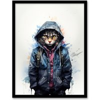 Artery8 Wall Art Print Street Cat Lovers Gift Watercolour Pet Portrait Painting Artwork Art Framed | Size: A4