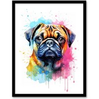 Artery8 Wall Art Print Pug Lovers Gift Watercolour Pet Portrait Painting Artwork Art Framed | Size: A4