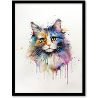 Artery8 Wall Art Print Norwegian Forest Cat Lovers Gift Watercolour Pet Portrait Painting Artwork Art Framed | Size: W12" x H16"