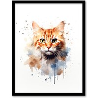 Artery8 Wall Art Print Orange Tabby Cat Lovers Gift Watercolour Pet Portrait Painting Artwork Art Framed | Size: W12" x H16"