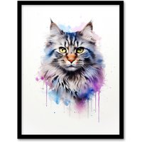 Artery8 Wall Art Print Siberian Cat Lovers Gift Watercolour Pet Portrait Painting Artwork Art Framed | Size: W12" x H16"