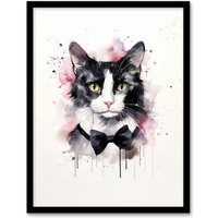 Artery8 Wall Art Print Tuxedo Cat Lovers Gift Watercolour Pet Portrait Painting Artwork Art Framed | Size: W12" x H16"