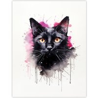 Artery8 Wall Art Print Black Cat Lovers Gift Watercolour Pet Portrait Painting Artwork Poster | Size: W12" x H16"