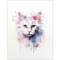 Artery8 Wall Art Print Pure White Cat Lovers Gift Watercolour Pet Portrait Painting Artwork Poster | Size: W12" x H16"