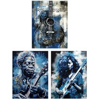 Artery8 Wall Art Print Set of 3 s Blues Guitar Aesthetic Music Detroit 3 Pack Poster s in Blue | Size: W12" x H16"