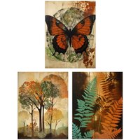 Artery8 Wall Art Print Set of 3 s Botanical Autumn Orange & Greens Butterfly Ferns Trees 3 Pack Poster Living Room s | Size: W12" x H16"