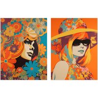 Artery8 Wall Art Print Set of 2 s 1960 1970 Fashion Floral Colourful Bright Vibrant Women 2 Pack Poster Living Room s in Orange | Size: W12" x H16"