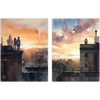 Artery8 Wall Art Print Set of 2 s Rooftop Romance Watercolour Cityscape Bedroom 2 Pack Poster s | Size: W12" x H16"