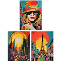 Artery8 Wall Art Print Set of 3 s London Paris New York Vibrant Bright Colourful 3 Pack Poster Living Room s | Size: W12" x H16"