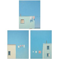 Artery8 Wall Art Print Set of 3 Laundry Day Washing Line Utility Room Minimalist Blue Sky 3 Pack Poster Laundry Room | Size: W12" x H16"
