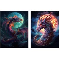 Artery8 Wall Art Print Set of 2 s Dragon Moon Fantasy Mystical Serpent 2 Pack Poster Living Room s in Dark Blue | Size: A4
