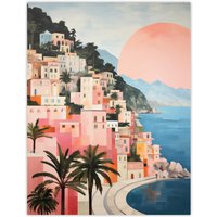 Wee Blue Coo Wall Art Print Amalfi Sunrise Mediterranean Urban Landscape Oil Painting Pink Blue Green Coastal Cityscape Poster | Size: W18" x H24"