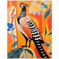 Wee Blue Coo Wall Art Print Autumn Pheasant Bird Portrait Vibrant Folk Art Oil Painting Orange Blue Red Patterns Poster | Size: W18" x H24"
