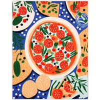 Wee Blue Coo Wall Art Print Margherita Mezze Pizza Night Red Orange Blue Abstract Oil Painting Poster | Size: W18" x H24"