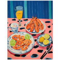 Wee Blue Coo Wall Art Print Party Shrimp Oil Painting Yellow Pink Blue Dinner Served on Leopard Table Poster | Size: W18" x H24"