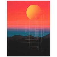 Wee Blue Coo Wall Art Print Sunset Modern Digital Abstract Mountain Landscape Colour Gradient Painting Poster in Red | Size: W18" x H24"
