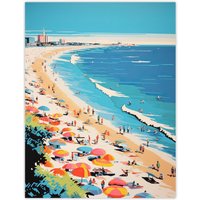 Wee Blue Coo Wall Art Print Surf Sand Sea & Sunshine Busy Beach Coastal Landscape Orange Pink Blue Graphic Painting Poster | Size: W18" x H24"