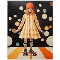 Wee Blue Coo Wall Art Print Surreal Skater in Retro Skate Park Orange Black White Oil Painting Poster | Size: W18" x H24"