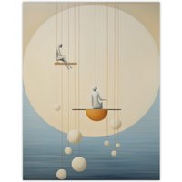 Wee Blue Coo Wall Art Print The Night Shift Hanging the Moon & Stars Pastel Colour Tan Blue Conceptual Oil Painting Poster | Size: W18" x H24"