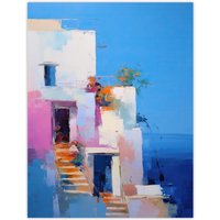 Wee Blue Coo Wall Art Print Italian Daydream Abstract Oil Painting Blue Pink Orange Summer Holiday Destination Poster | Size: W24" x H32"