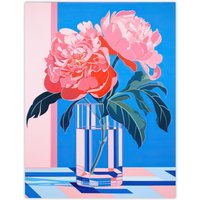 Wee Blue Coo Wall Art Print Perfect Peonies Flower Blooms in Glass Vase Teal Blue Pink Vibrant Stylised Floral Poster | Size: W24" x H32"