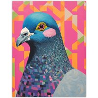 Wee Blue Coo Wall Art Print Perky Pigeon Oil Painting Pink Orange Blue Vibrant Animal Portrait Poster | Size: W24" x H32"