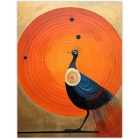 Wee Blue Coo Wall Art Print Prominent Peacock Vibrant Oil Painting Orange Blue Hilma af Klint Inspired Poster | Size: W24" x H32"