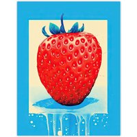 Wee Blue Coo Wall Art Print Single Strawberry Fruit in Ice Frame Vibrant Blue Red Painting Poster | Size: W24" x H32"