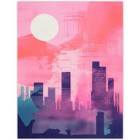 Wee Blue Coo Wall Art Print Sunrise City Silhouette Pink Purple Blue Watercolour Painting Poster | Size: W24" x H32"