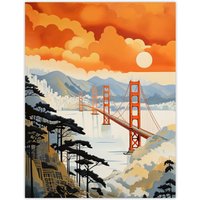 Wee Blue Coo Wall Art Print Sunset San Francisco Oakland Bay Bridge Amber Orange Blue Pastel Colour Painting Poster | Size: W24" x H32"