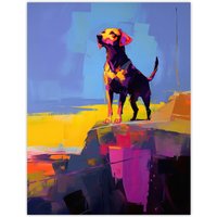 Wee Blue Coo Wall Art Print Sunset Strolls of a Labrador Vibrant Portrait in Abstract Coastal Landscape Oil Painting Poster | Size: W24" x H32"