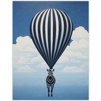 Wee Blue Coo Wall Art Print Surreal & Stripes Zebra Balloon Adventures Over the Clouds Blue Black White Oil Painting Poster | Size: W24" x H32"