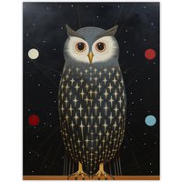 Wee Blue Coo Wall Art Print The Night Watch Man Surreal Cosmic Owl Portrait & Starry Sky Grey Blue Orange Oil Painting Poster | Size: W24" x H32"